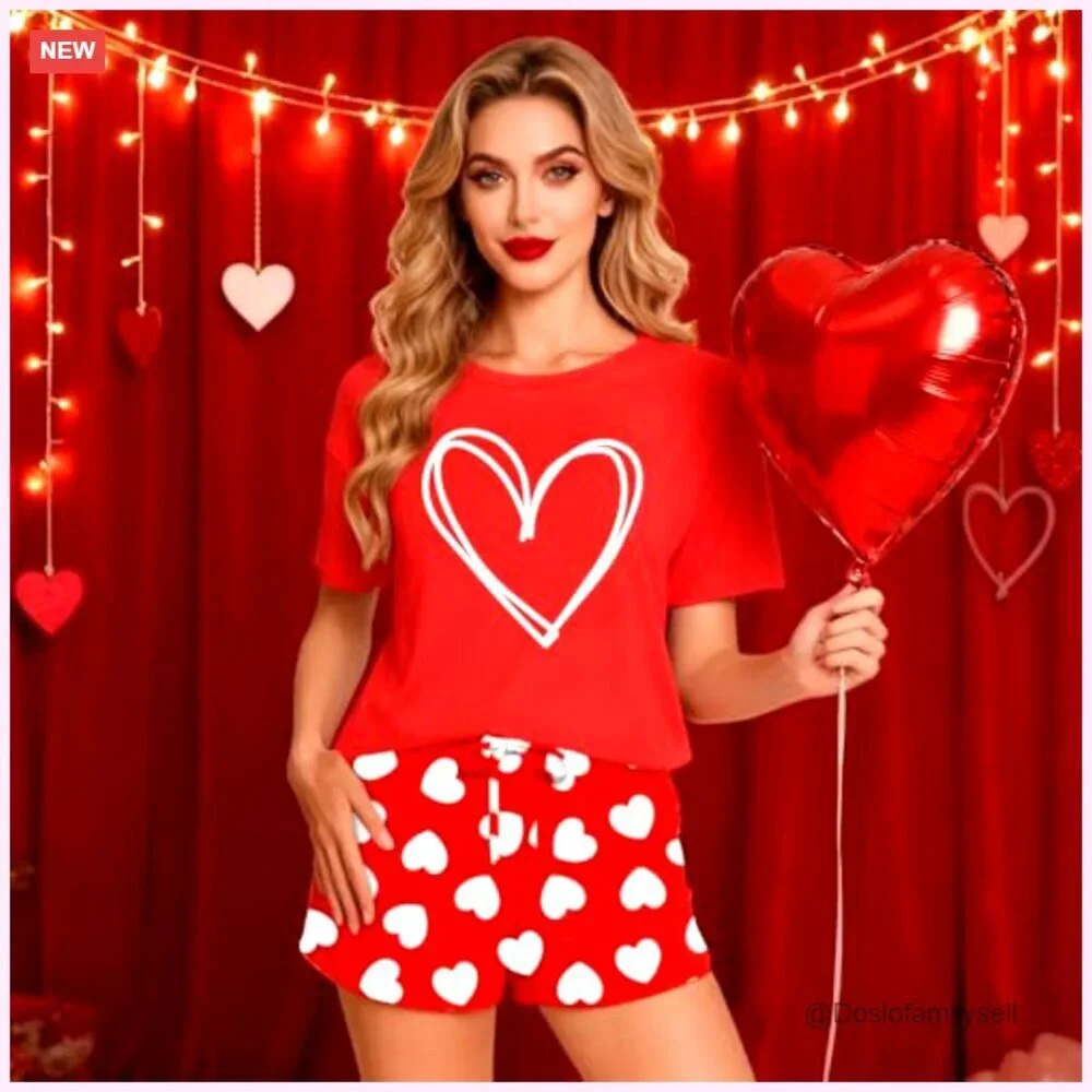 Valentine Pajama Set Short Sleeve Heart Print Loungewear Cozy Sleepwear